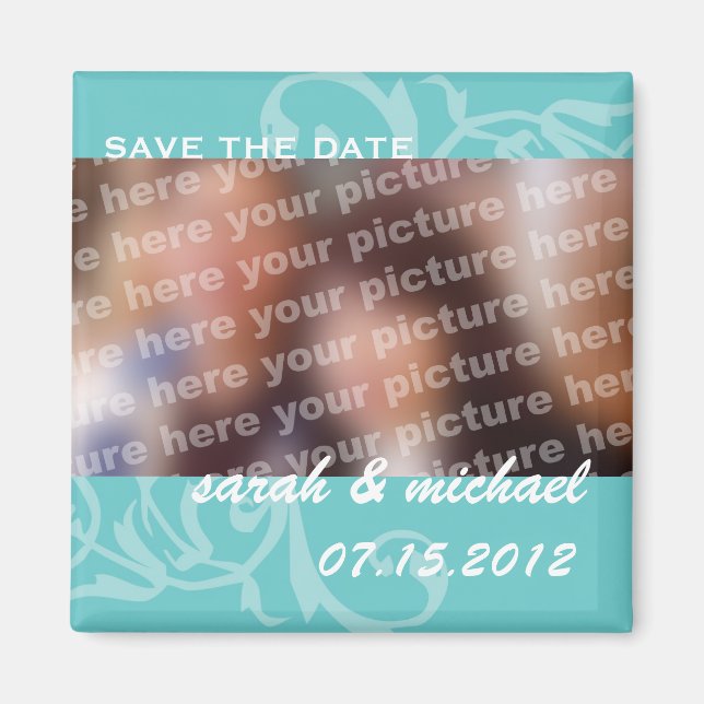 Blue save the date wedding announcement photo magnet (Front)