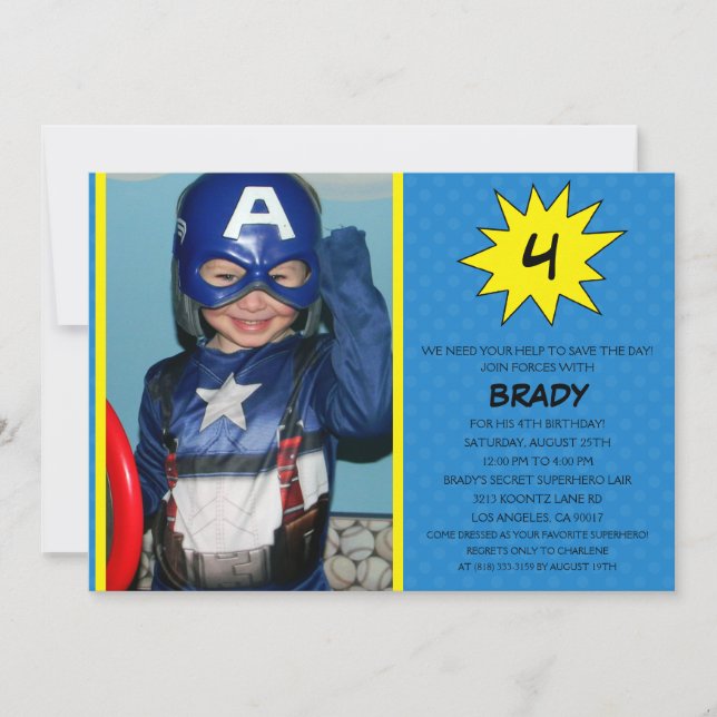 Blue Save the Day Superhero Photo Birthday Party Invitation (Front)