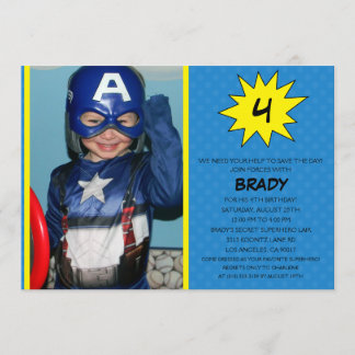 Blue Save the Day Superhero Photo Birthday Party Invitation
