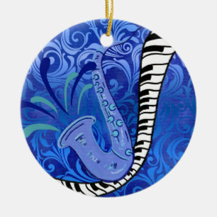 Blue Saxophone and Piano Ceramic Tree Decoration