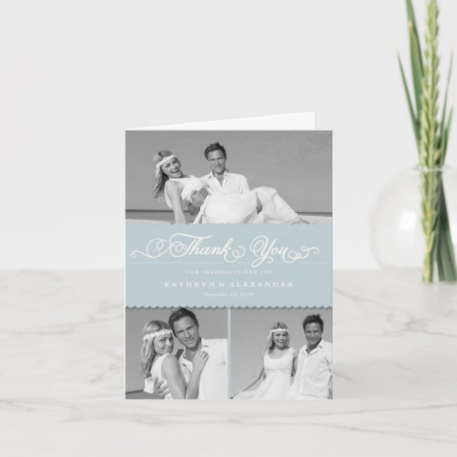 Blue Scallop Band Romantic Script 3 Photo Wedding Thank You Card (Front)
