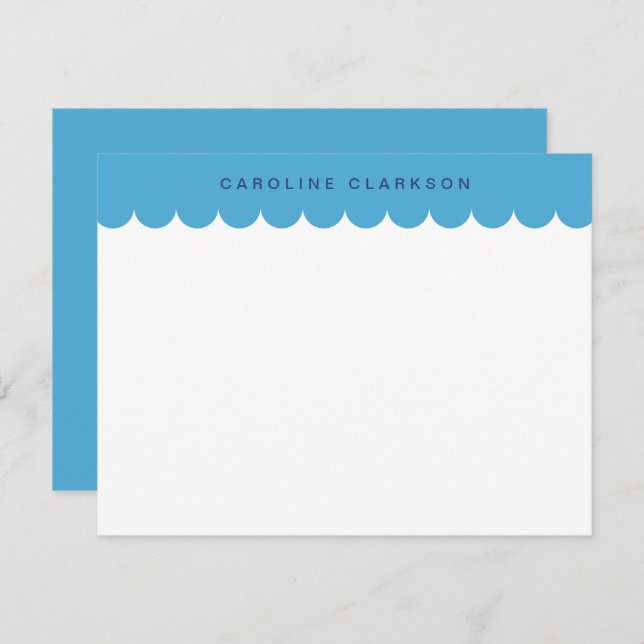 Blue Scallop Border Modern Stationery note card (Front/Back)