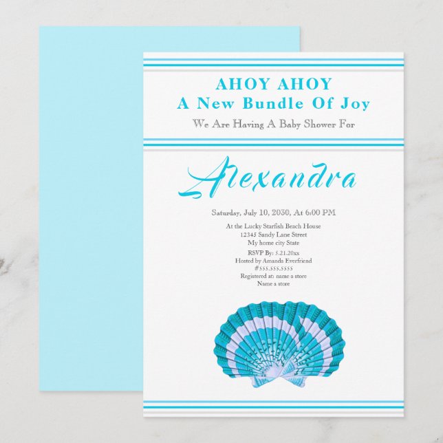  Blue Scallop Shell  Ahoy it's a Boy Baby Shower (Front/Back)