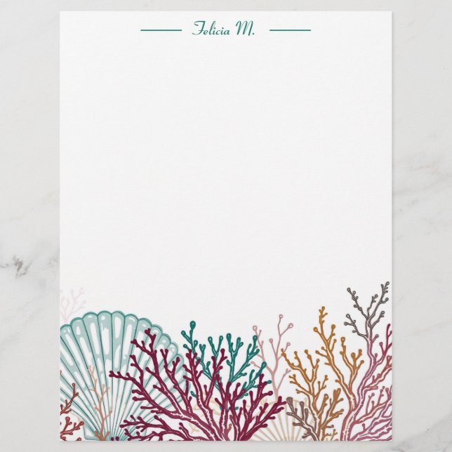 Blue Scallop Shell and Coral Custom Letterhead (Front)