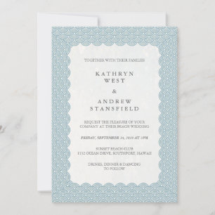 Blue Scalloped Japanese Seigaiha Waves Wedding Invitation