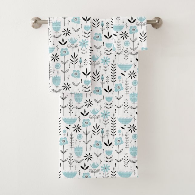 Blue Scandinavian Floral Pattern Bath Towel Set (Insitu)