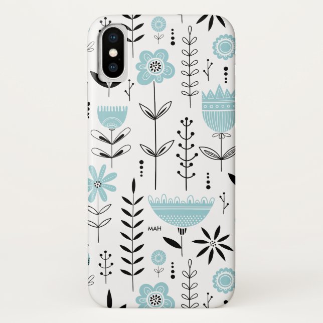 Blue Scandinavian Floral Pattern Monogram Case-Mate iPhone Case (Back)