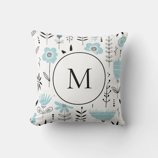 Blue Scandinavian Floral Pattern Monogram Cushion (Front)