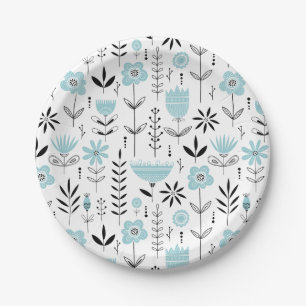 Blue Scandinavian Floral Pattern Paper Plate