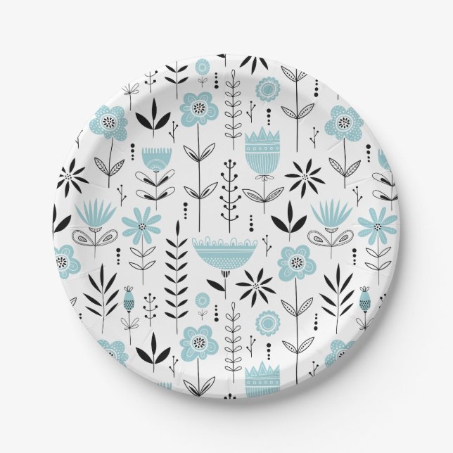 Blue Scandinavian Floral Pattern Paper Plate (Front)