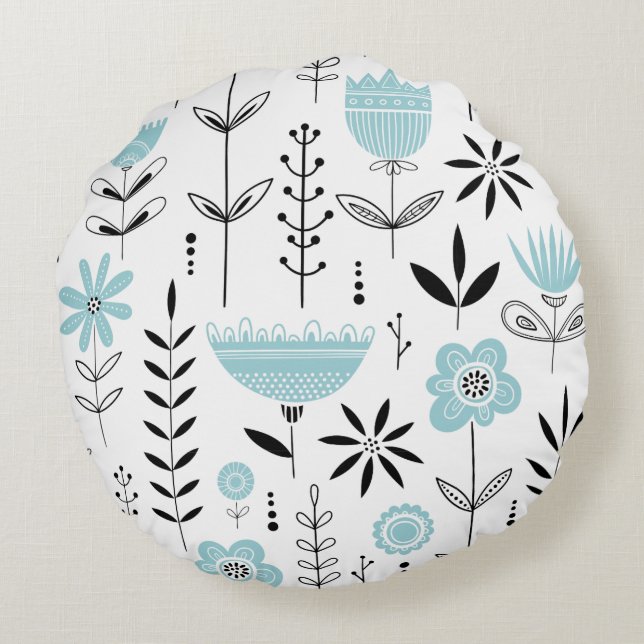 Blue Scandinavian Floral Pattern Round Cushion (Back)