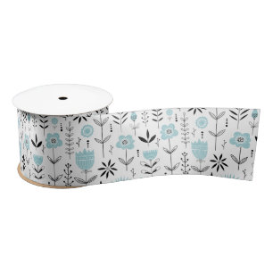 Blue Scandinavian Floral Pattern Satin Ribbon