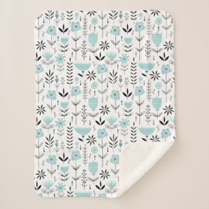 Blue Scandinavian Floral Pattern Sherpa Blanket