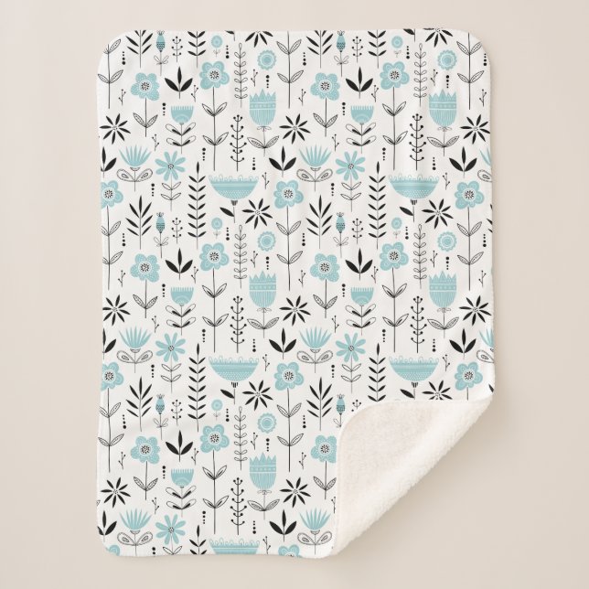 Blue Scandinavian Floral Pattern Sherpa Blanket (Front)