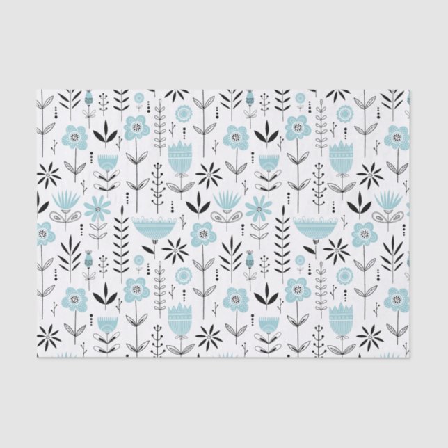 Blue Scandinavian Floral Pattern Tissue Paper (Front)