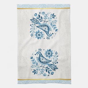 Blue Scandinavian Folk Bird Tea Towel
