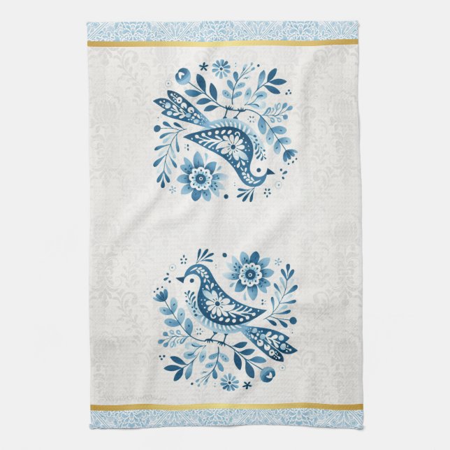 Blue Scandinavian Folk Bird Tea Towel (Vertical)