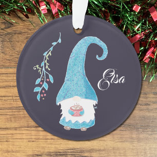 Blue Scandinavian gnome drinking hot cocoa Ornament