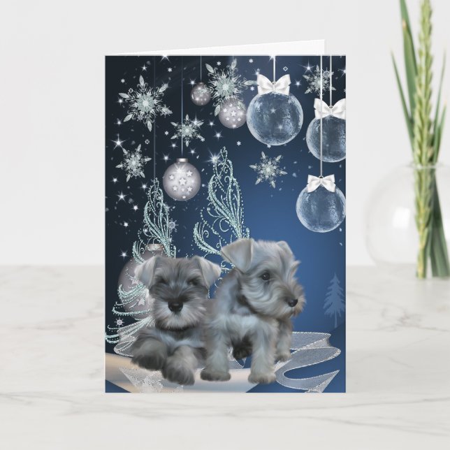 Blue Schnauzer Puppies Christmas Cards (Front)