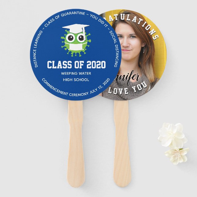 Blue School Colours, 2020 Personalised Graduation Hand Fan (Front and Back)