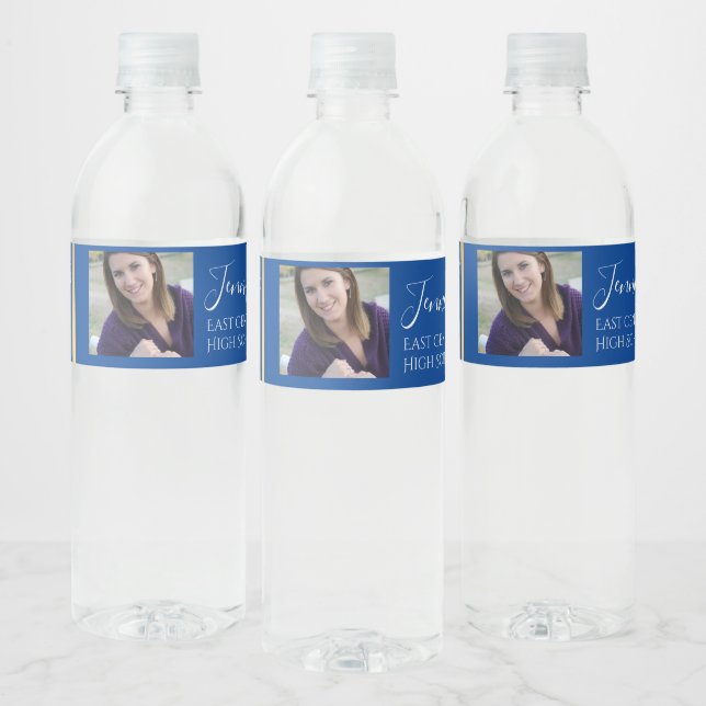 Blue School Colours | High School Senior Photo  Water Bottle Label (Bottles)