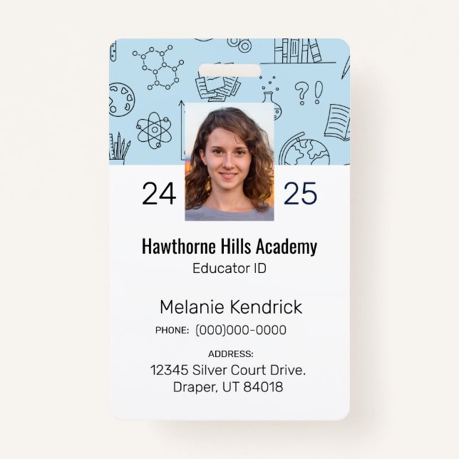 Blue School Icons Homeschool Educator ID Badge (Front)