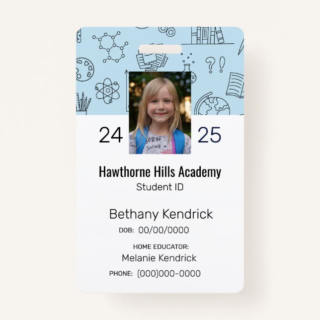 Blue School Icons Homeschool Student ID Badge (Front)