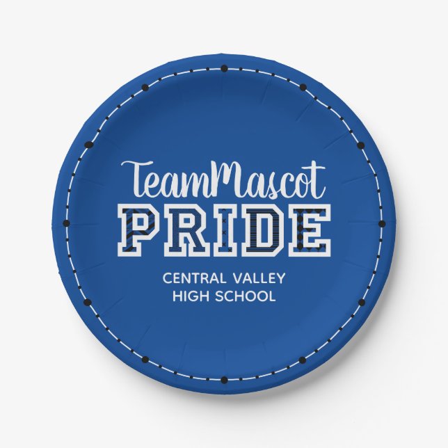 Blue School Pride Mascot Name Paper Plates (Front)