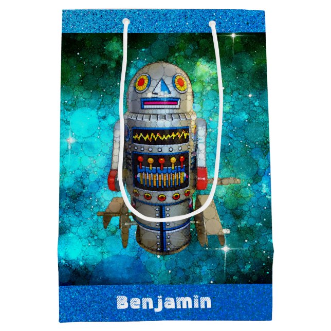 Blue sci fi retro toy robot galaxy custom name medium gift bag (Back)