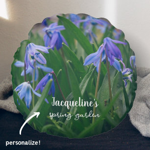 Blue scilla flowers in the spring garden round cushion