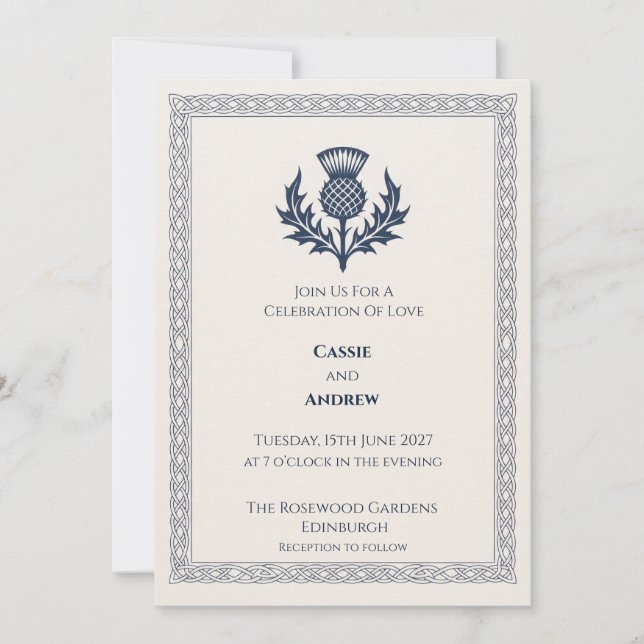 Blue Scottish Thistle Crest Wedding Invitation (Front)