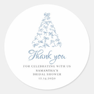 Blue Scribble Bow Christmas Tree Bridal Shower Classic Round Sticker