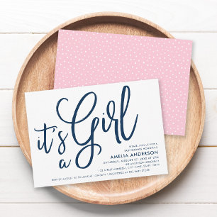 Blue Script and Pink It's a Girl Baby Shower Invitation