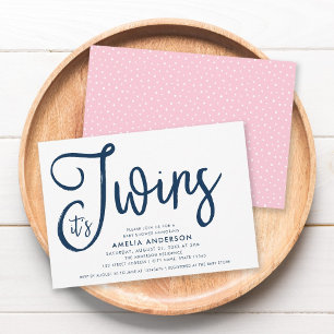 Blue Script and Pink It's Twins Baby Shower Invitation