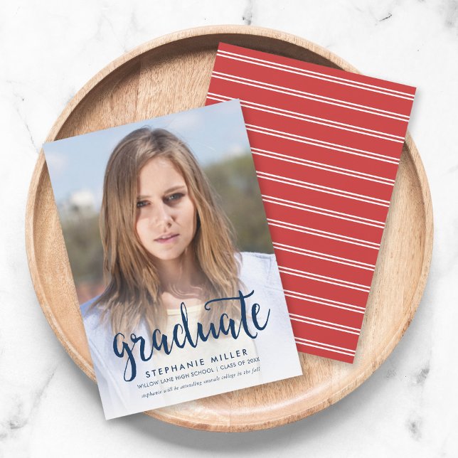 Blue Script and Red Photo Graduation Announcement (Creator Uploaded)