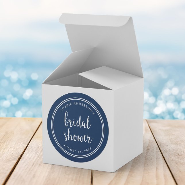 Blue Script and White Stripes Bridal Shower Classic Round Sticker (Creator Uploaded)