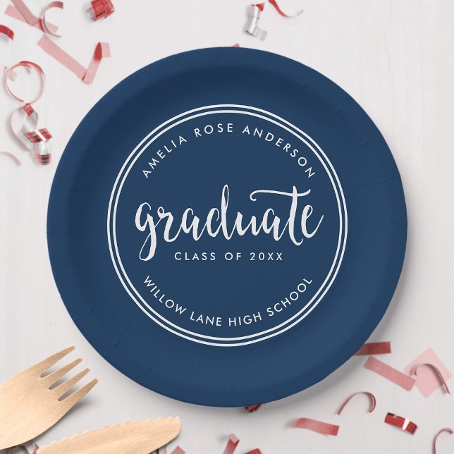 Blue Script and White Stripes Graduate Graduation Paper Plate (Creator Uploaded)