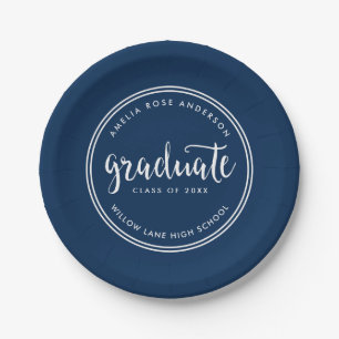 Blue Script and White Stripes Graduate Graduation Paper Plate