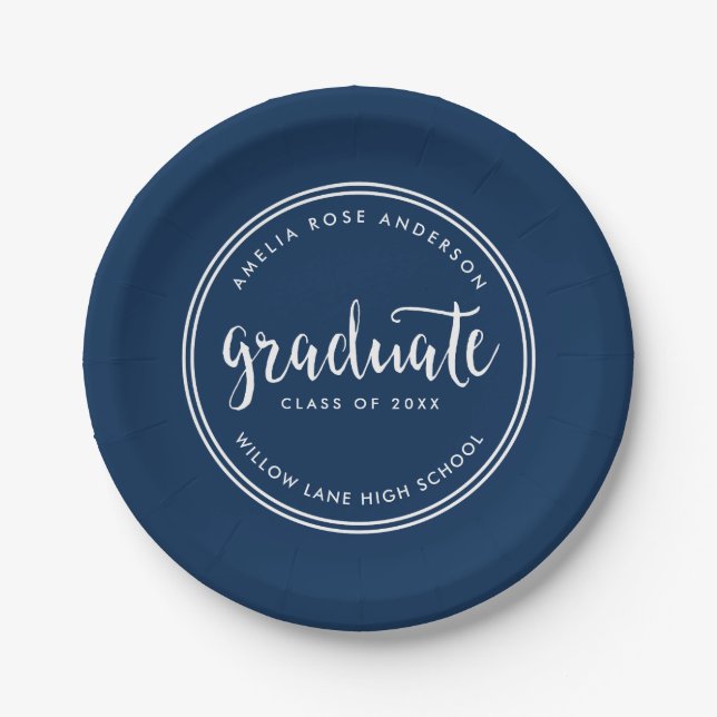 Blue Script and White Stripes Graduate Graduation Paper Plate (Front)