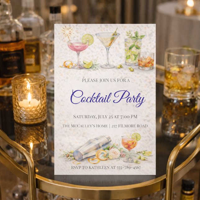 Blue Script Cocktail Night Invitation (Blue script cocktail night with citrus drinks and modern bar gathering vibe)