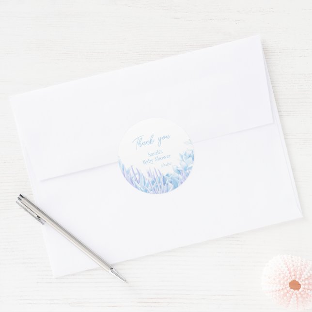 Blue Script Elegant Botanical Baby Shower Favour  Classic Round Sticker (Envelope)