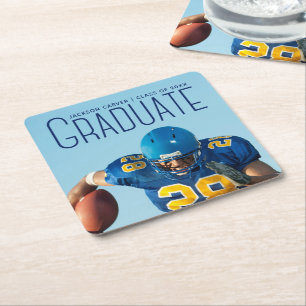Blue Script Graduate Photo Custom Graduation Party Square Paper Coaster
