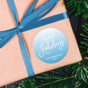Blue Script Happiest Holidays Holiday Classic Round Sticker