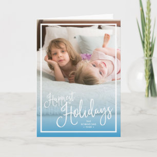 Blue Script Happiest Holidays Holiday Photo Card