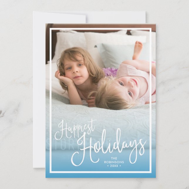 Blue Script Happiest Holidays Holiday Photo Card (Front)