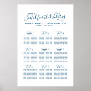 Blue script heart art wedding table plan poster
