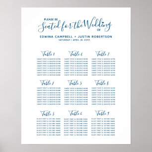 Blue script heart art wedding table plan poster