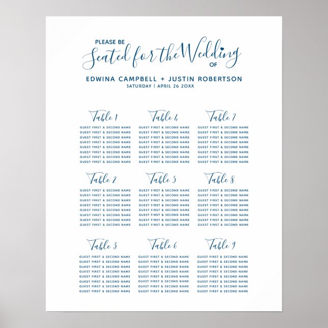 Blue script heart art wedding table plan poster (Front)