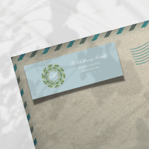 Blue Script Monogram Wreath Holiday Return Address