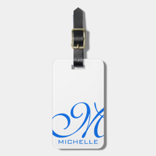 Blue Script Monogrammed White Luggage Tag